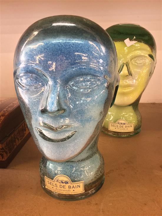 Pair glass bath salts head jars